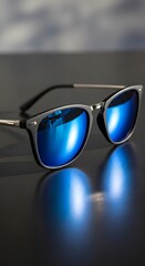 Close up of sunglasses with reflective blue lenses on a shiny black surface showing a reflection