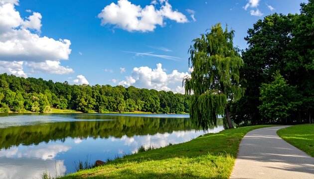 Scenic lakeside park with a walking path, reflecting trees, and a bright blue sky dotted with fluffy white clouds. Lush green foliage
