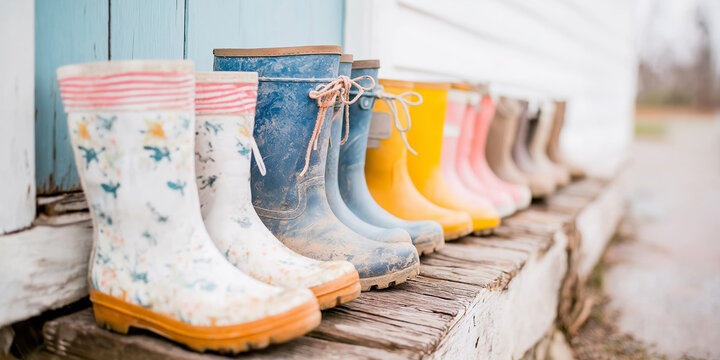 Row of dirty rubber boots lined up on a weathered wooden staircase, awaiting exciting outdoor escapades with the family