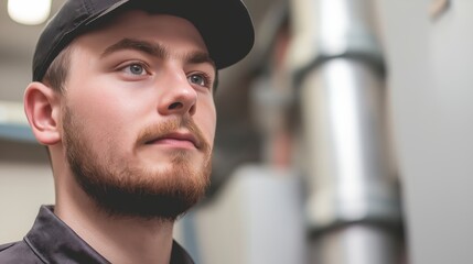 A male electrician in professional work attire with a focused expression, using directional lighting to emphasize precision, skill, and modern industry.