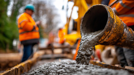 Fresh concrete pouring into mold at construction site faceless workers coordinating defocused construction background wet cement flowing foundation preparation industrial pour