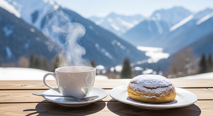 A cup of coffee and a pastry with snowy mountains in the background on a sunny day on a wooden table
