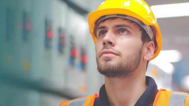 A male electrician in professional work attire with a focused expression, using directional lighting to emphasize precision, skill, and modern industry.