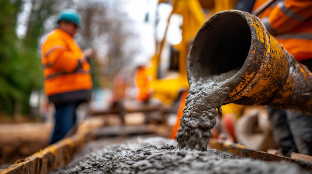 Fresh concrete pouring into mold at construction site faceless workers coordinating defocused construction background wet cement flowing foundation preparation industrial pour - Powered by Adobe