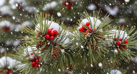 A close up of pine needles with snow, pine cones, and red berries during a winter snowfall scene