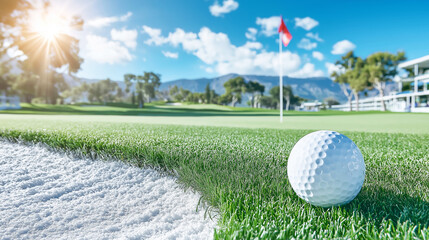 Golf ball positioning on the edge of a sand bunker and the green, a flagstick marking the hole under a bright sun