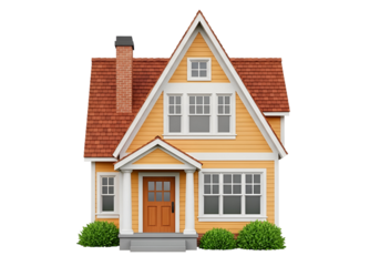 Charming Traditional Yellow House with a Red Roof and White Trim, Front View, Perfect for Real Estate and Home Design Concepts, isolated on transparent background.