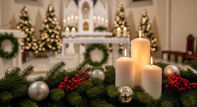 Photo of christmas eve church interior with decorated altar, festive trees, wreaths, and lit candles in the foreground, creating a serene and holy atmosphere - Powered by Adobe