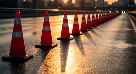 A row of orange traffic cones on a wet road with a city skyline in the distance at sunset light