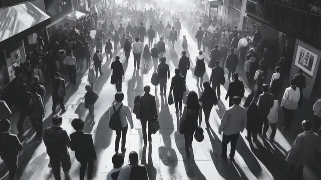 通勤や移動で人々が歩みを重ねる都会の群衆に広がる影のパターン