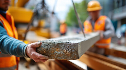 Faceless workers at construction site placing large concrete slab defocused crane and machinery in background heavy concrete panel installation teamwork coordination industrial