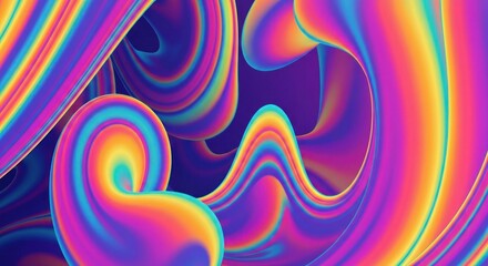 Abstract, swirling, colorful iridescent curves against a dark purple background