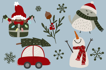 Cute Christmas Illustration with Santa, Garland Lights, Gifts, Car Tree, Snowman, Bird, and Snowflakes