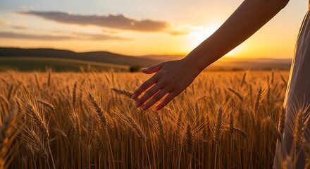 A woman's hand gently touching golden wheat in a field at sunset with hills in the background