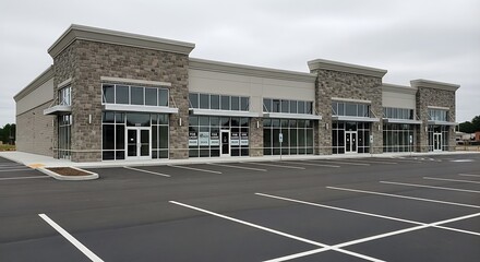 Exterior view of a commercial building with for lease signs and a large parking lot in front