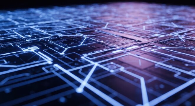 Abstract tech grid with neon blue light trails and circuit patterns
