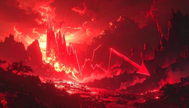 Red landscape, jagged mountains, burning sky, and a large red descending arrow imply decline or loss against a backdrop