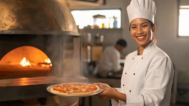 女性シェフが窯で焼いたアツアツのピザを手にする伝統的な場面