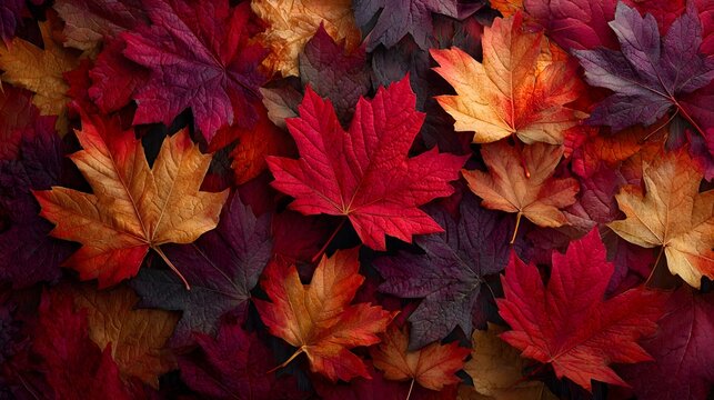 Rich and textured top-down photo of a dense bed of fallen autumn maple leaves in various beautiful shades of red, orange, and vibrant yellow.