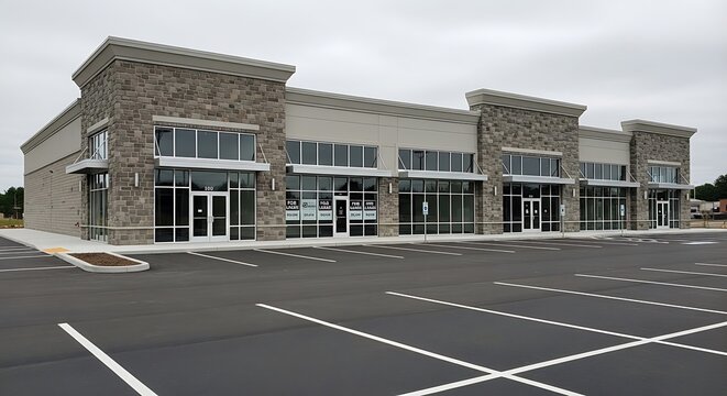 Exterior view of a commercial building with for lease signs and a large parking lot in front