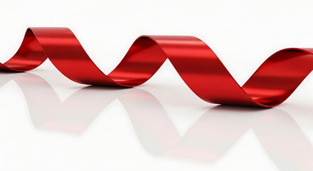 A flowing shiny red ribbon curls and twists elegantly against a clean white background with reflections
