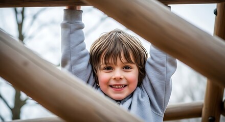 A smiling boy in a gray sweatshirt hanging on a wooden structure at a playground outside in daylight