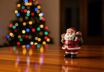 A small santa claus figurine stands on a wooden table in front of a blurred christmas tree with colorful lights