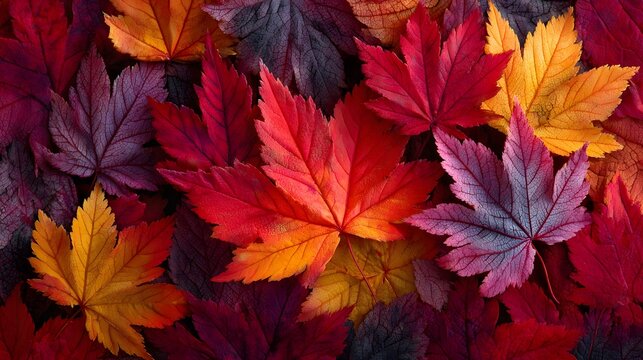 Rich and textured top-down photo of a dense bed of fallen autumn maple leaves in various beautiful shades of red, orange, and vibrant yellow.