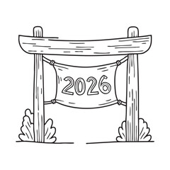 New Year banner hanging across a wooden gate marked with 2026