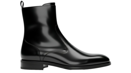 Single black dress boot rendered with high polish against a stark black background