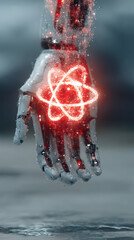 Hand holding a glowing quantum encryption cube represents advanced quantum security technology in a futuristic setting