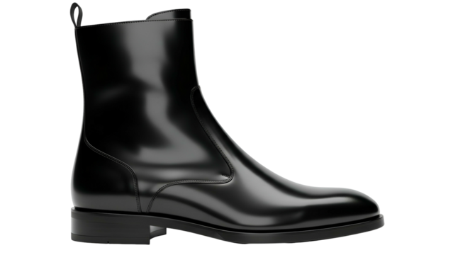 Single black dress boot rendered with high polish against a stark black background