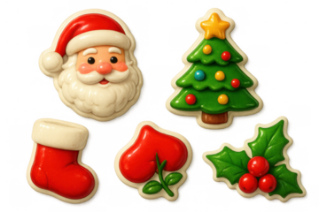 Christmas holiday cookies set, featuring santa claus, tree, stocking, heart, and holly, transparent background