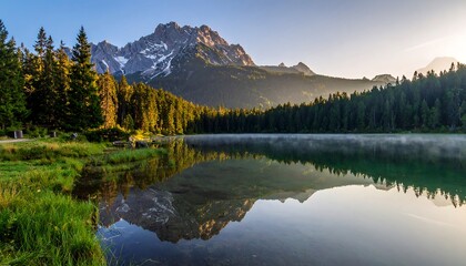Scenic vista of a tranquil lake reflecting a mountain range, surrounded by dense evergreen forests. Sunlight bathes the scene