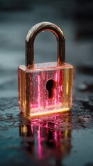 Quantum computer secured with a glowing lock in a futuristic setting showing advanced security technology