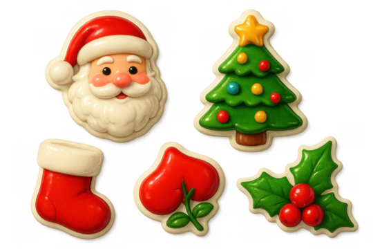 Christmas holiday cookies set, featuring santa claus, tree, stocking, heart, and holly, transparent background