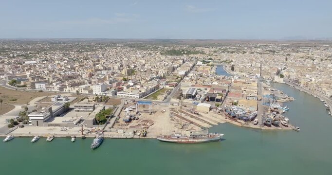 Aerial view of the fishing port of Mazara del Vallo, a town in the province of Trapani, Sicily, Italy. It is an important Mediterranean harbor.