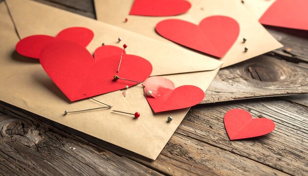Red paper hearts pinned on kraft envelopes atop a textured, weathered wood surface, conveying love or romance