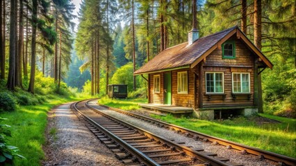 Fototapeta premium Rustic Wooden Cabin Beside a Forest Railway Track on a Sunny Day