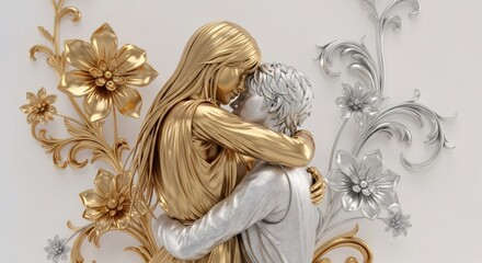 Naklejka premium A gold and silver statue of a couple in a romantic embrace. 3D rendering of metallic figures with decorative floral ornaments. Love and intimacy concept.