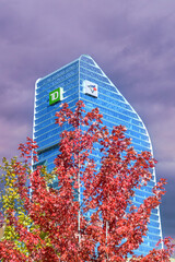 Fototapeta premium Financial distrct skyscraper with MLB Blue Jays logo during the World Series of baseball, Toronto, Canada