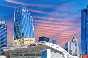 Fototapeta premium Financial distrct skyscraper with MLB Blue Jays logo during the World Series of baseball, Toronto, Canada