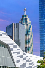 Fototapeta premium Financial distrct skyscraper with MLB Blue Jays logo during the World Series of baseball, Toronto, Canada