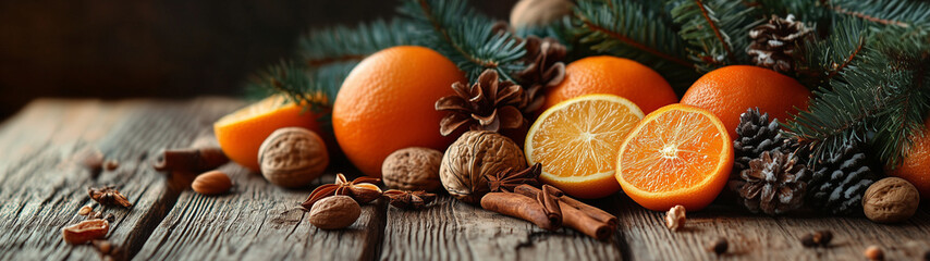 Rustic Christmas: wooden table, nuts, citrus fruits, fir branches, spices.
