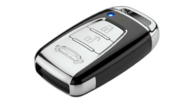Modern automotive remote control fob illuminates with a small blue light against a dark background