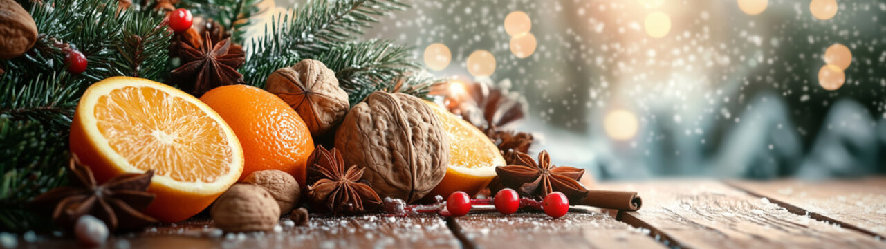 Rustic Christmas: wooden table, nuts, citrus fruits, fir branches, spices.