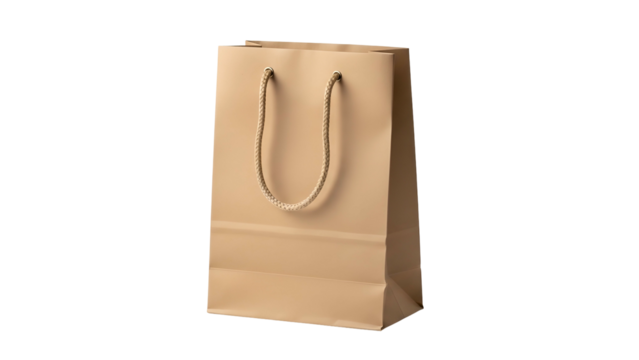 Plain brown paper carrier object with rope handles stands against a solid black background