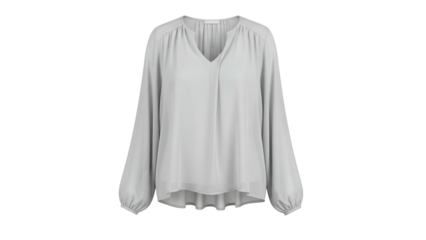 Light gray long sleeve blouse with gathered neckline displayed against a dark background