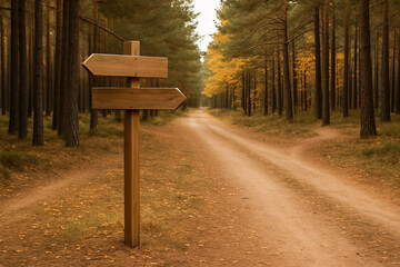 Wooden signpost offering choice on splitting forest path
