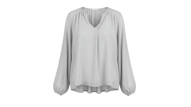 Light gray long sleeve blouse with gathered neckline displayed against a dark background